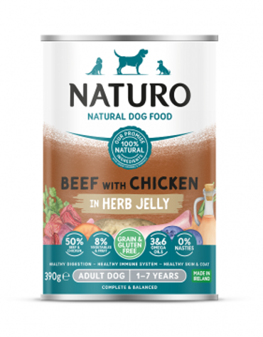 Naturo ΥΓΡΗ ΤΡΟΦΗ ΣΚΥΛΟΥ Grain Free με Μοσχάρι, Κοτόπουλο, Λαχανικά και Φρούτα 390gr